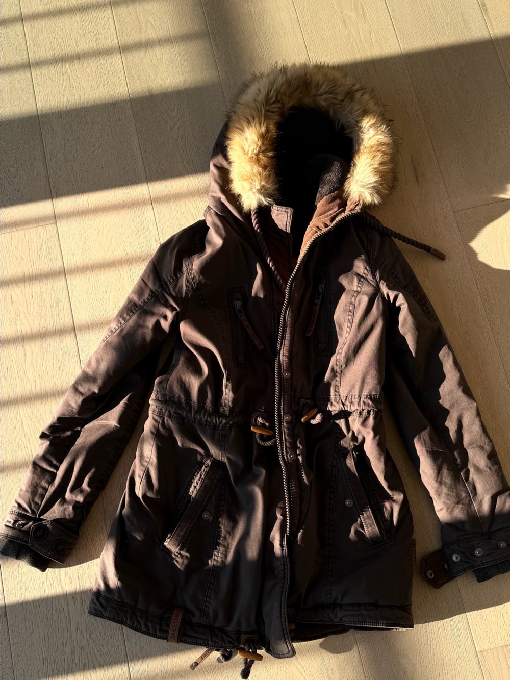 Naketano Men's Brown Hooded Field Parka with Faux Fur Trim